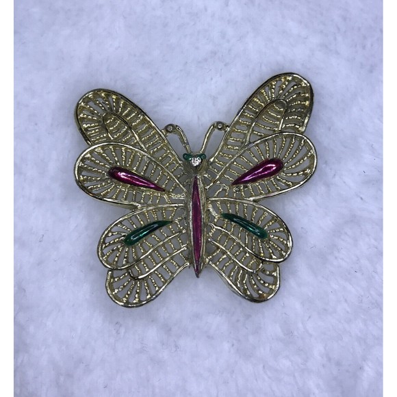 Vintage Gerry’s Gold Tone Butterfly Brooch Painted Pink & Green Accents Pin - Picture 1 of 5